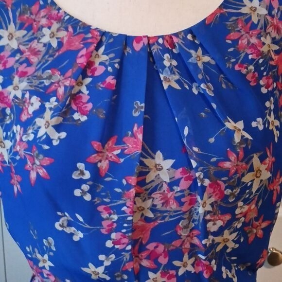 JH Blue Floral Pattern Sleeveless High Pleated Neck Dress Size 14 - Picture 6 of 10